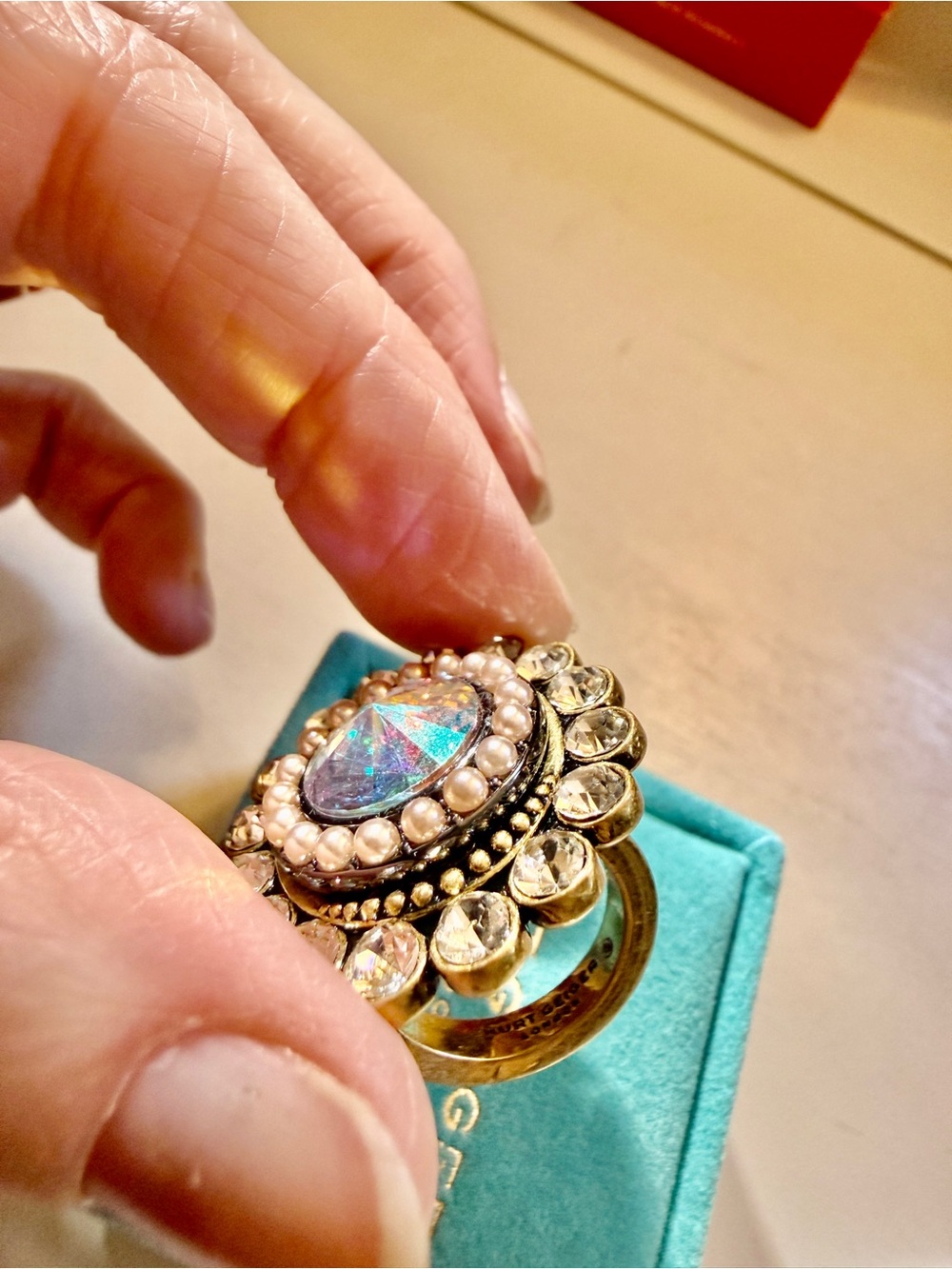 Kurt Geiger Stunning Antique Gold-Tone Halo Ring with Iridescent Center - Picture 7 of 10